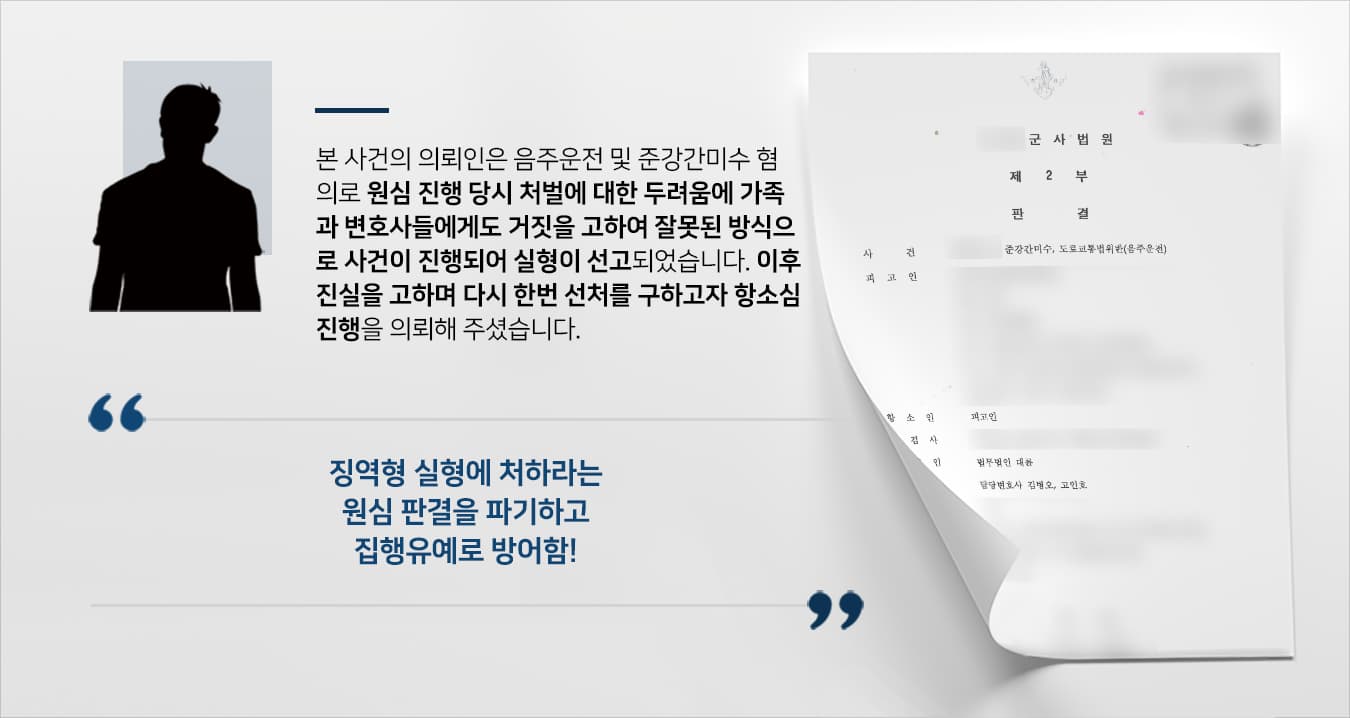 본 사건의 의뢰인은 함께 일하던 동료 직원과 퇴근 후 술자리를 가지게 되었고, 시간이 늦어 지인의 집에서 묵기로 하였습니다.충동적으로 동료 직원에게 강간에 준하는 행위를 하였으며, 비슷한 시기에 술에 취한 상태로 운전을 하여 경합범으로 조사를 받게 되었습니다.당시 의뢰인은 군인 신분으로 군형사재판이 진행되었습니다. 1심 진행을 준비하던 당시 의뢰인이 가족과 전담팀 변호사에게 절대로 그런 일은 없었다며 범행을 부정하여 사건 전담팀에서는 의뢰인의 진술대로 무죄를 입증하기 위한 변론 계획을 세웠으나, 이후 의뢰인이 모두에게 거짓을 고하였다는 정황이 드러나며 원심에서 실형이 선고되었습니다.이후 의뢰인은 가족들을 실망시키고 싶지 않아서 잘못된 선택을 했음을 이실직고한 후 다시 한번 선처를 구하고 싶다며 진실만을 말하며 항소심 진행을 의뢰해 주셨습니다.